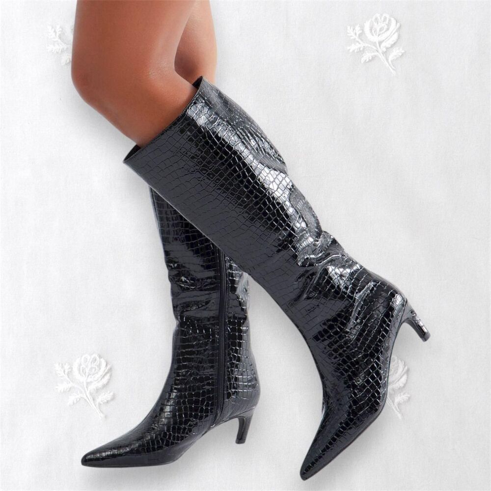 NEW Fashion Nova Black Croc Faux Leather Knee High Kitten Heel Boots US 7.5 - Picture 1 of 8